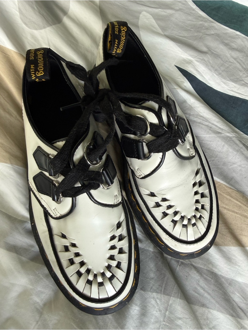 Dr. Martens SIDNEY White and Black Woven Leather Creeper Oxfords